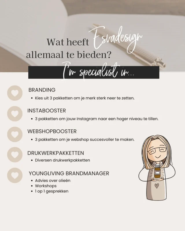 Wat doet Esvadesign eigenlijk allemaal?
Kort gezegd: alles voor jouw merk. Van unieke logo’s tot complete brandingpakketten – en dat is nog maar het begin.
Start je net? Of toe aan een frisse rebranding? Ik denk met je mee, ontwerp met passie en lever kwaliteit voor een betaalbare prijs.

Slide voor meer uitleg!
Vragen? Stuur me gerust een berichtje!
Esvadesign: creatief, professioneel en 1 van de goedkoopste op het internet.

Wil je het magazine ontvangen? Plaats je e-mail adres onder dit bericht! En ik stuur je het magazine toe. Fijne dag ❤️

#branding #grafischontwerp #logodesign #huisstijl #designstudio #startenjemoetdoen #ondernemen #rebranding #esvadesign #freelancedesigner #betaalbaardesign #opvallenmetstijl #brandingpakket #visitekaartjes #socialmediadesign #goedkoopmaarprofessioneel